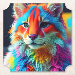 Rainbow Coloured Fur Cat Paper Coaster