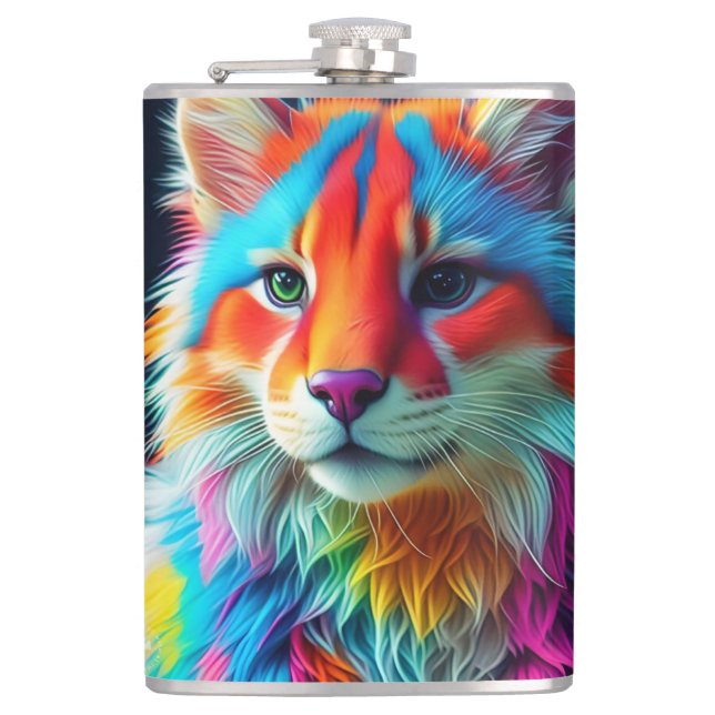 Rainbow Coloured Furry Cat-68587 Hip Flask (Front)