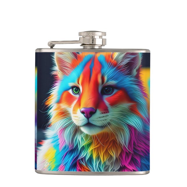 Rainbow Coloured Furry Cat-68587 Hip Flask (Front)