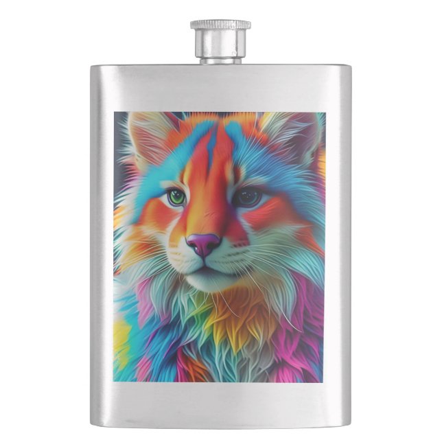Rainbow Coloured Furry Cat-68587 Hip Flask (Front)