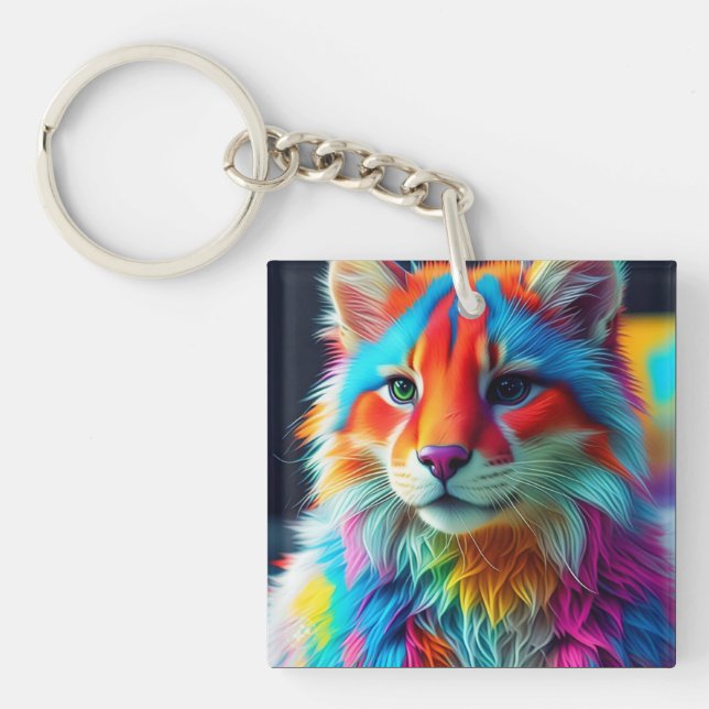 Rainbow Coloured Furry Cat-68587 Key Ring (Front)