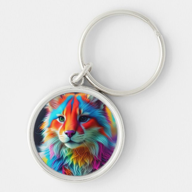 Rainbow Coloured Furry Cat-68587 Key Ring (Front)
