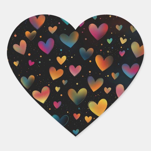 Rainbow Coloured Hearts Galaxy Black Background Heart Sticker (Front)