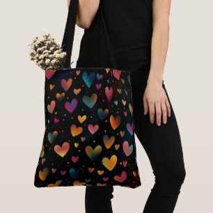 Rainbow Coloured Hearts Galaxy Black Background Tote Bag