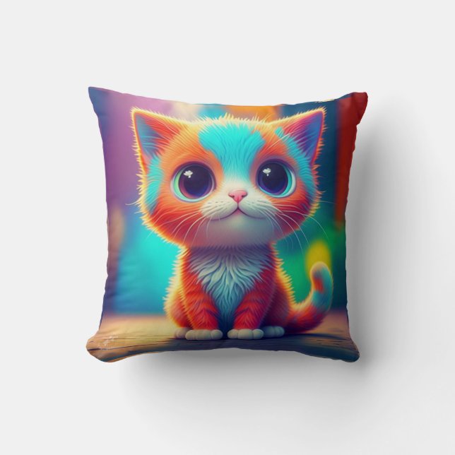 Rainbow Coloured Kitten Cartoon  Cushion (Front)