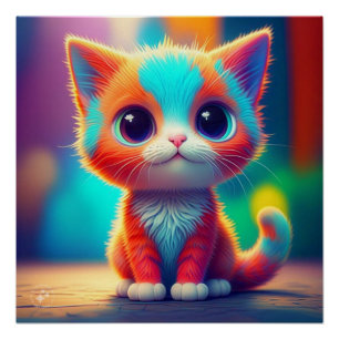 Rainbow Coloured Kitten Cartoon  Poster