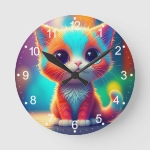 Rainbow Coloured Kitten Cartoon Round Clock