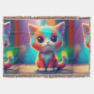 Rainbow Coloured Kitten Cartoon  Throw Blanket