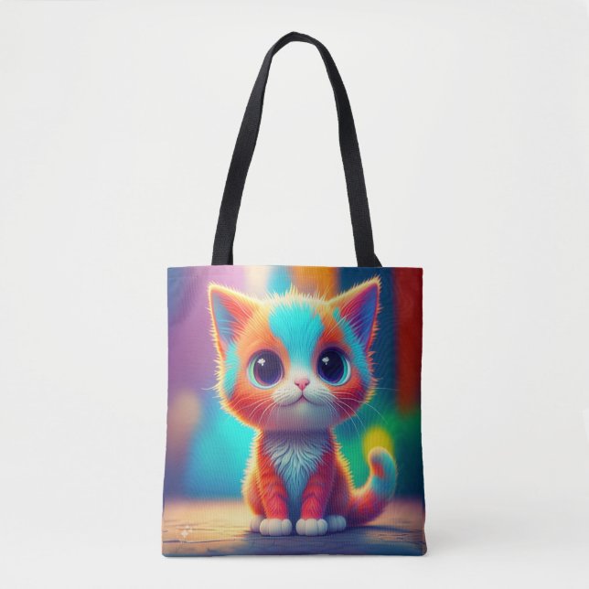 Rainbow Coloured Kitten Cartoon  Tote Bag (Front)
