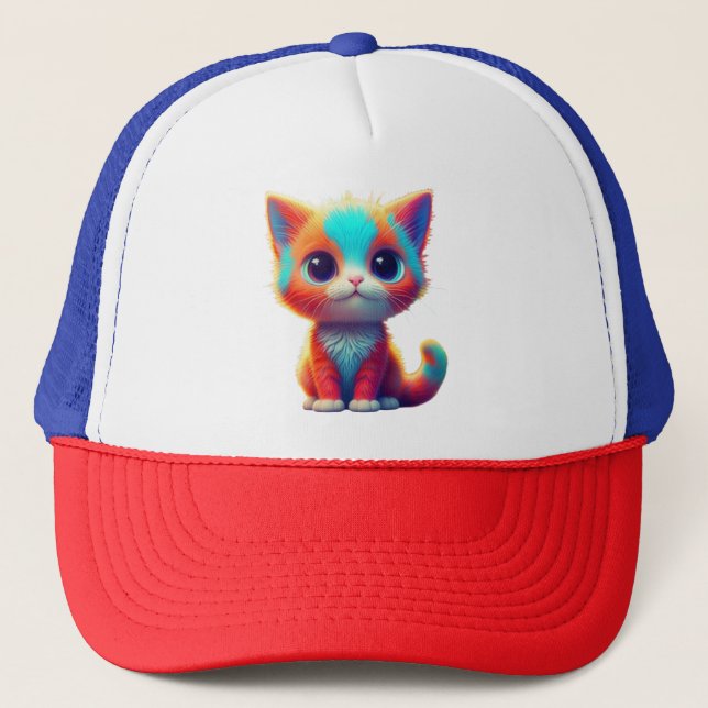 Rainbow Coloured Kitten Cartoon  Trucker Hat (Front)