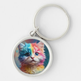 Rainbow Coloured Kitten Potrait Key Ring
