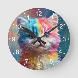 Rainbow Coloured Kitten Potrait Round Clock