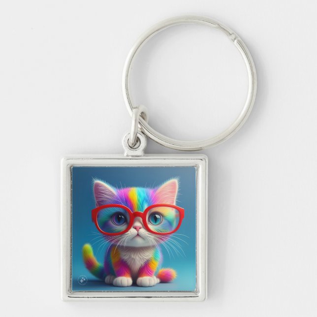 Rainbow Coloured Kitten Wearing Glasses-46568 Key Ring (Front)