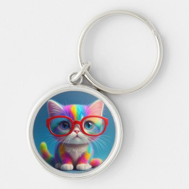 Rainbow Coloured Kitten Wearing Glasses-46568 Key Ring (Front)
