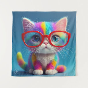Rainbow Coloured Kitten Wearing Glasses-46568 Tapestry