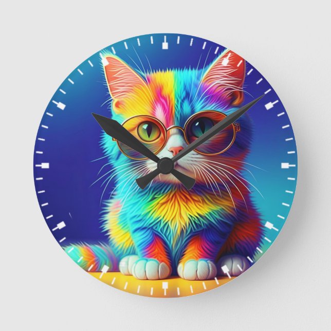 Rainbow Coloured Kitten Wearing Glasses-57466 Round Clock (Front)