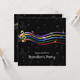 Rainbow Coloured Music Notes Birthday Party Invitation