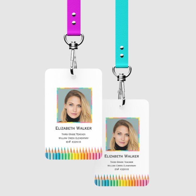 Rainbow Coloured Pencils School Teacher ID Badge (School Employee Badge)
