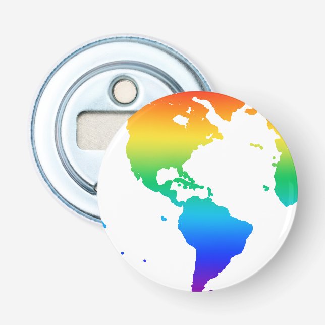 Rainbow coloured planet earth bottle opener (Front)