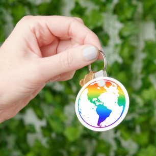 Rainbow coloured planet earth key ring