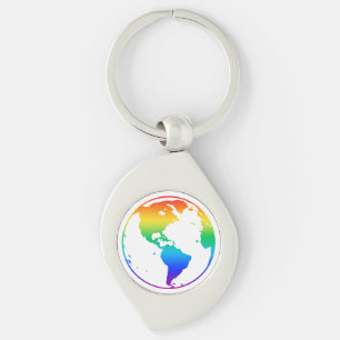 Rainbow coloured planet earth key ring