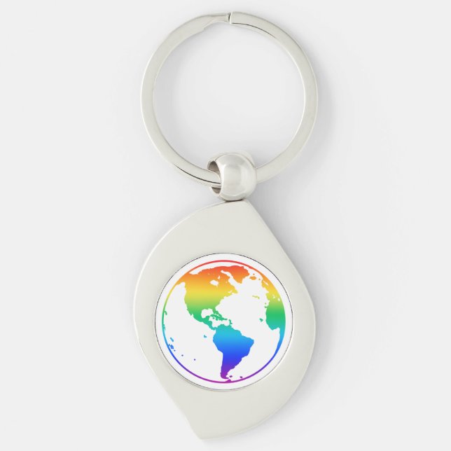 Rainbow coloured planet earth key ring (Front)