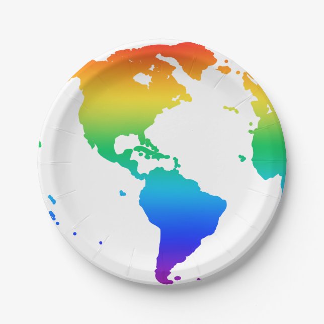 Rainbow coloured planet earth paper plate (Front)