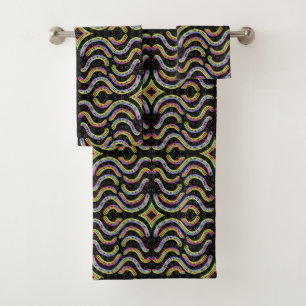 Rainbow Coloured String Rope Repeating Pattern Art Bath Towel Set