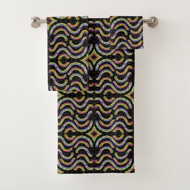 Rainbow Coloured String Rope Repeating Pattern Art Bath Towel Set (Insitu)