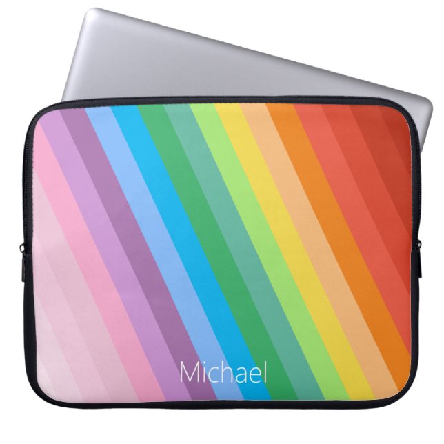 Rainbow Coloured Stripes Personalised Name Laptop Sleeve (Front)