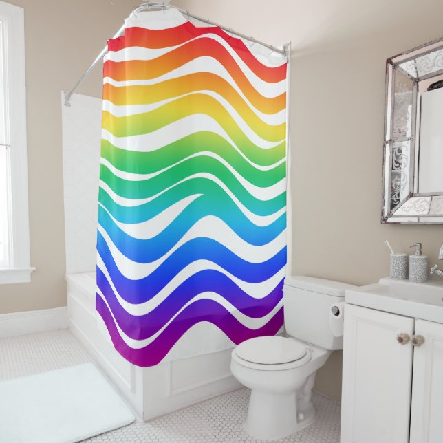 Rainbow coloured thick wavy lines shower curtain (In Situ)