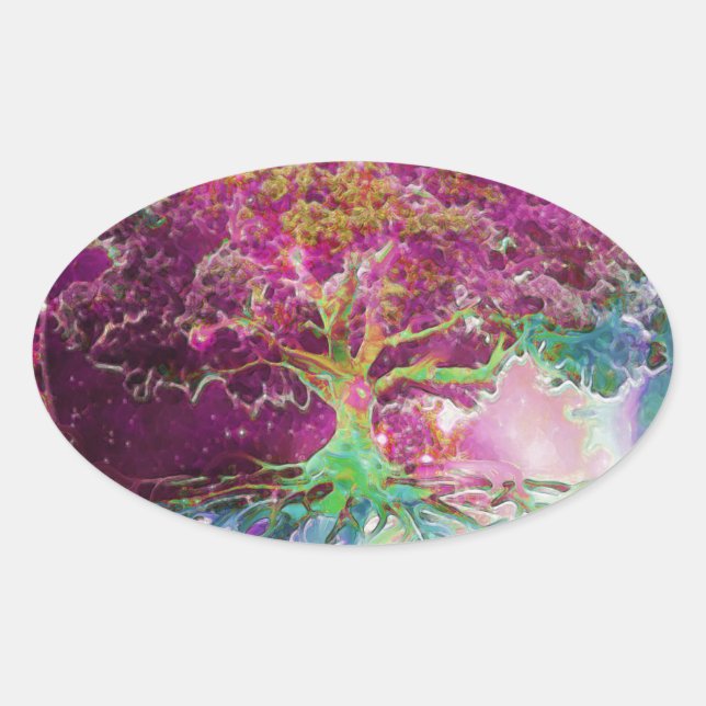 Rainbow Coloured Tree of Life Oval Sticker (Front)