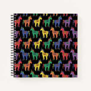 Rainbow Coloured Unicorns on Black Spiral Notebook