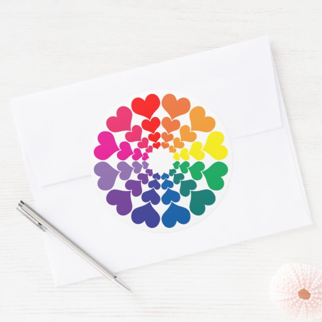 Rainbow Coloured Valentine Hearts in a Circle Clas Classic Round Sticker (Envelope)