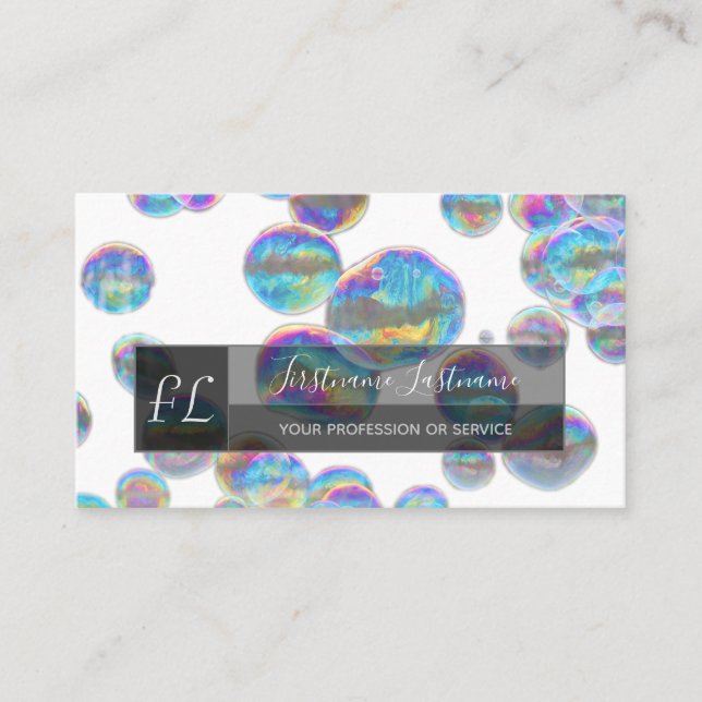 Rainbow colourful bubbles yoga teacher monogram business card (Front)