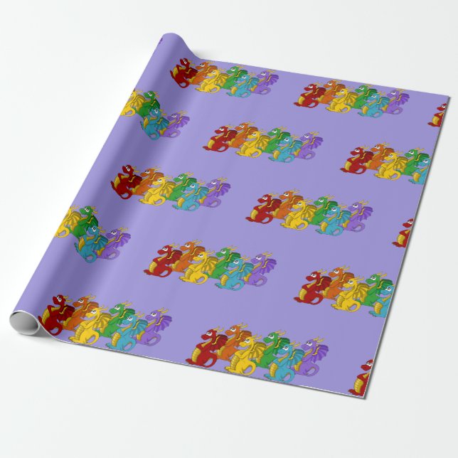 Rainbow colourful dragons cartoon  wrapping paper (Unrolled)