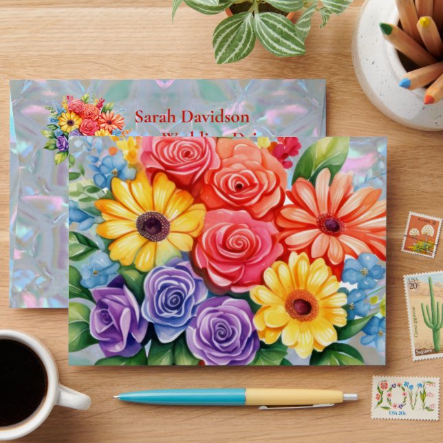 Rainbow Colourful Flowers Wedding Invitation Envelope (Desk)