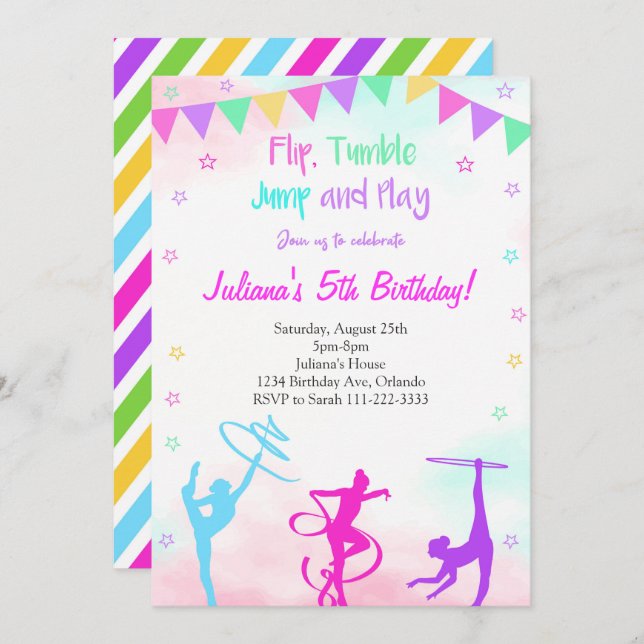 Rainbow Colourful Girls Gymnastic Birthday Invite (Front/Back)