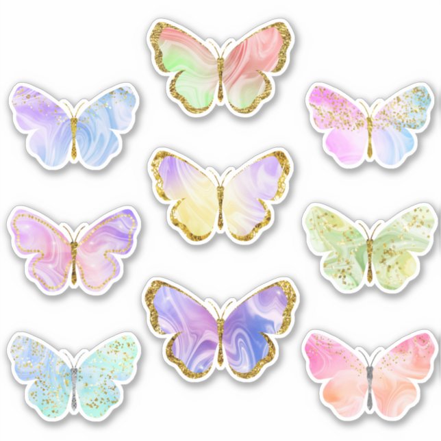 Rainbow colourful gold glitter butterflies sticker (Front)