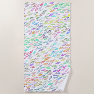 Rainbow Colourful Leaves Feather Watercolor Patter Beach Towel