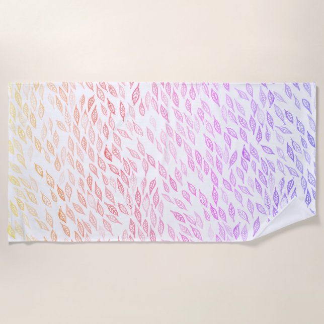 Rainbow Colourful Leaves Feather Watercolor Patter Beach Towel (Front)