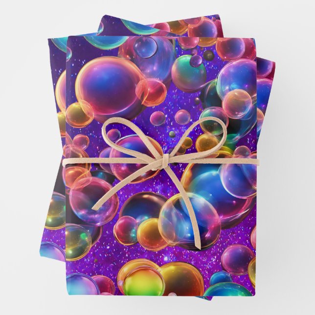 Rainbow Colourful Neon Glowing Bubbles 80s 90s Wrapping Paper Sheet (In situ)