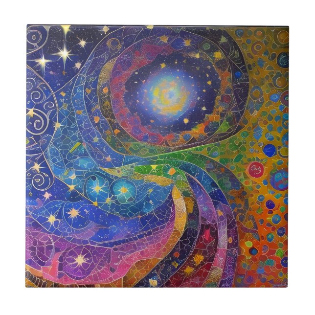 Rainbow Colourful Night Sky Star Swirls Mosaic Ceramic Tile (Front)