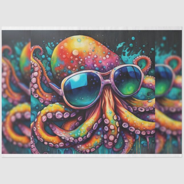 Rainbow Colourful Octopus with Sunglasses Decoupag Tissue Paper (Front)