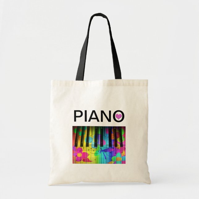 Rainbow Colourful Piano Keyboard and Notes Tote Bag (Front)