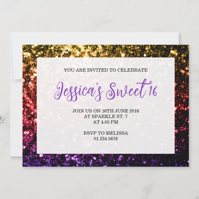 Rainbow colourful sparkles Sweet 16 elegant script Invitation (Front)