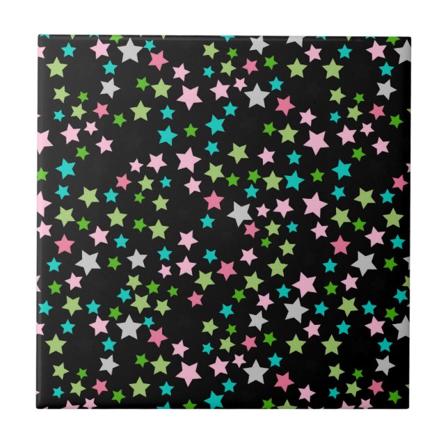 Rainbow Colourful Stars Black Starry Night Ceramic Tile (Front)