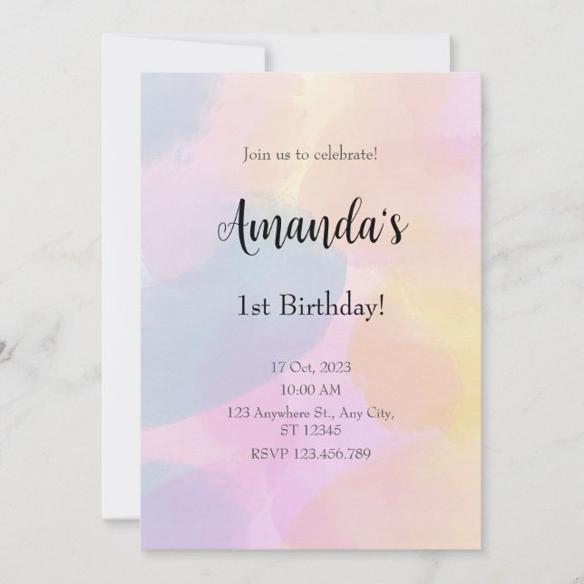Rainbow Colourful Watercolor First Birthday Invitation (Front)