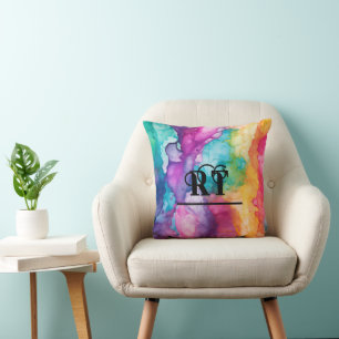 Rainbow Colourful Watercolor Monogram Cushion
