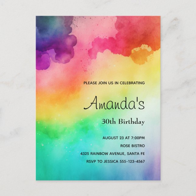 Rainbow Colours Abstract Design Birthday Invite Postcard (Front)